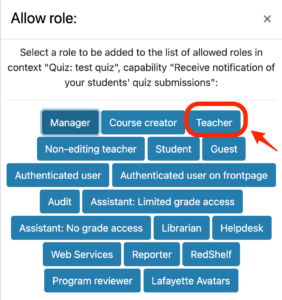 Shows the Allow role window with the 'teacher' role button highlighted for selection. 